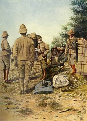 RECORD DATE NOT STATED The Surrender of General Cronje to Lord Roberts at Paardeberg... , 27 February 1900, (1901). Creator: Donald E M Cracken. Copyright:xfiume,laxgente,maschio,uomo,uomini,LaxSudafrica,paese,uomo,lettura,Britannico,lettera,geografia,colore,uniform,vestito,guerra,posizione,ForzexArmate,secolo,GranxBretagna,generale,soldati,soldato,concetto,imperiale,battaglia,Esercito,guerra,resa,Colore,,cascoxdelxmidollo,diciannovesimoxsecolo,cessione,1900s,ventesimoxsecolo,EsercitoxBritannico,diciannovesimoxsecolo,storia,storico,ThexPrintxCollector,LordxFrederickxSleighxRoberts,BattlexofxPaardeberg,Boers,Roberts,LordxFrederickxSleigh,FieldxMarshalxFrederickxSleighxRoberts,FrederickxSleighxRoberts,BaronxRobertsxofxKandaharxandxWaterford,EarlxRoberts,MudxRiver Copyright:fiume,laxgente,maschio,uomo,uomini,LaxSudafrica,paese,uomo,lettura,Britannico,lettera,geografia,colore,uniform,vestito,guerra,posizione,ForzexArmate,secolo,GranxBretagna,generale,soldati,sol
