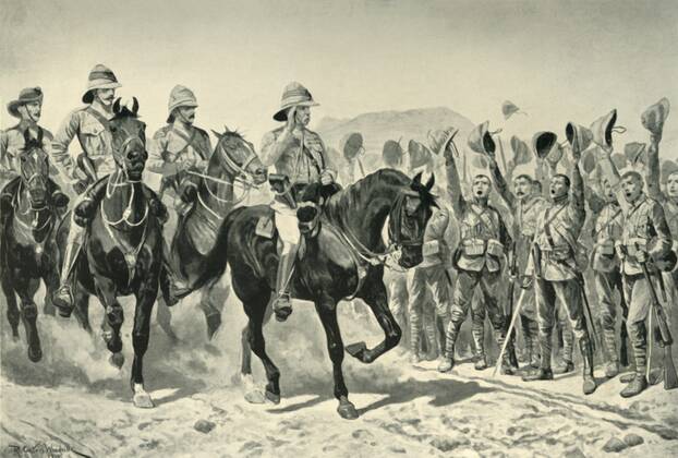 RECORD DATE NOT STATED Lord Roberts Cheered By the Troops on his Arrival at Wonder RIver , (1901). Creator: Unknown. Copyright:xanimale,laxgente,maschio,uomo,uomini,LaxSudafrica,cavallo,riding,rider,paese,uomo,Britannico,uniform,incoraggiare,vestito,guerra,posizione,ForzexArmate,secolo,saluto,GranxBretagna,soldati,soldato,concetto,imperiale,battaglia,salutare,B&W,MONOCROMO,Esercito,guerra,cascoxdelxmidollo,diciannovesimoxsecolo,nerox&xbianco,neroxexbianco,B W,1900s,ventesimoxsecolo,EsercitoxBritannico,diciannovesimoxsecolo,storia,storico,ThexPrintxCollector,LordxFrederickxSleighxRoberts,RichardxCatonxWoodvillexII,Unknown,Roberts,LordxFrederickxSleigh,FieldxMarshalxFrederickxSleighxRoberts,FrederickxSleighxRoberts,BaronxRobertsxofxKandaharxandxWaterford,EarlxRobe Copyright:animale,laxgente,maschio,uomo,uomini,LaxSudafrica,cavallo,riding,rider,paese,uomo,Britannico,uniform,incoraggiare,vestito,guerra,posizione,ForzexArmate,secolo,saluto,GranxBretagna,soldati,so