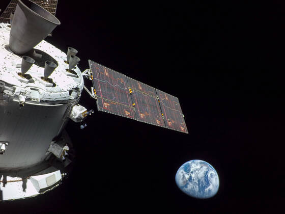 This first high-resolution image, taken on November 16, 2022, the first day of the Artemis I mission, was captured by a camera on the tip of one of Orion s solar arrays. The spacecraft was 57,000 miles from Earth when the image was captured and continues to distance itself from planet Earth as it approaches the Moon and distant retrograde orbit. Artemis I, the first spaceflight in NASA s Artemis program, successfully launched from Kennedy Space Center on November 16 on a planned 25-day mission. NASA  POY2022NF137 NASA