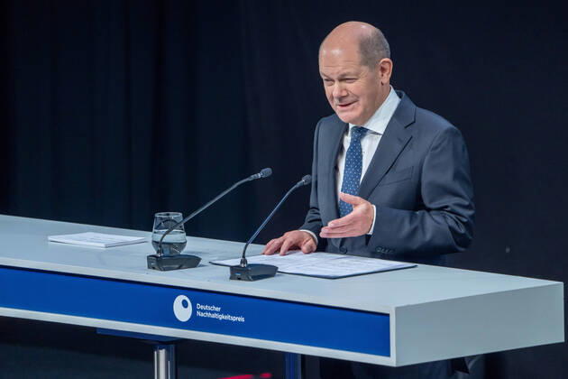 15 German Sustainability Award in Duesseldorf Olaf Scholz the Chancellor of the Federal Republic of Germany in portrait during his speech at the 15 German Sustainability Award in the Maritim Hotel in Duesseldorf Duesseldorf North Rhine Westphalia Germany