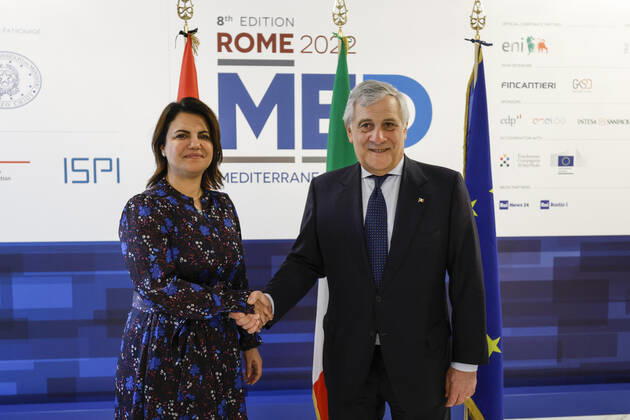 December 3, 2022, ROME, ITALY: Italian Foreign Minister and Deputy Prime Minister Antonio Tajani and Libyan Foreign Minister Najla El Mangoush during a bilateral meeting at Rome Med 2022, Mediterranean Dialogues conference in Rome, Italy, 03 December 2022..ANSA FABIO FRUSTACI ROME ITALY - ZUMAa110 20221203_zaf_a110_037 Copyright: xFabioxFrustacix