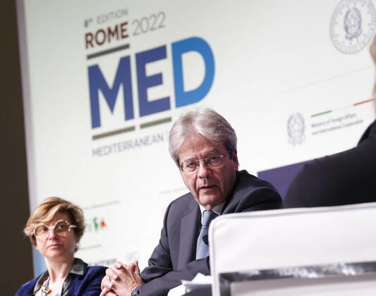 December 3, 2022, Roma, Italia: European Commissioner for Economy Paolo Gentiloni during the Rome MED 2022 - Mediterranean Dialogues, the annual initiative promoted by the Italian Foreign Minister and ISPI (Italian Institute of International Political Studies), in Rome, Italy, 3 December 2022. ANSA GIUSEPPE LAMI. Roma Italia - ZUMAa110 20221203_zaf_a110_089 Copyright: xGiuseppexLamix