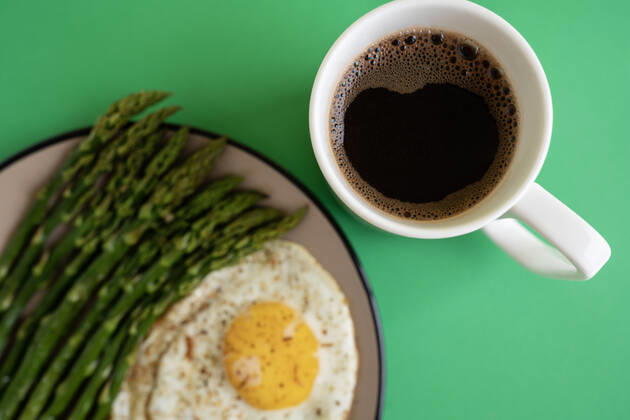 From above breakfast dish of fried egg with green asparagus server on plate next to cup of coffee on yellow background MaryMiro_ID3343_109454_002 Copyright: xMaryxMirox Model Released