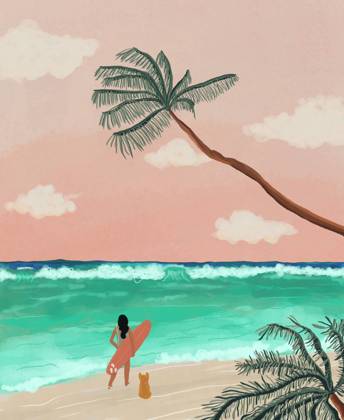 Drawing of female surfer with board and dog walking on sandy beach with palm tree and foaming sea BrendaFebus_ID8412_251057_002 Copyright: xBrendaxFebusx Model Released