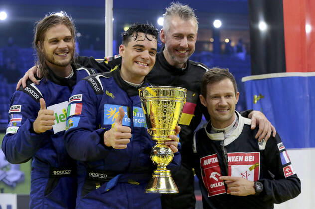 Rurik Gislason, Stefano Zarrella, Sebastian Pufpaff and Sebastien Ogier in the ProSieben TV show TV total Autoball WM 2022 in the ZAG Arena Hannover, 16 12 2022 Foto:xC.xSpeidelx xFuturexImage