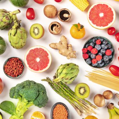 Vegan food. Healthy diet concept. Fruits, vegetables, pasta, nuts, legumes, mushrooms, overhead square shot on a white background. A flatlay composition Vegan food. Healthy diet concept. Fruits, vegetables, pasta, nuts, legumes, mushrooms, overhead square shot on a white background. A flatlay composition Copyright: xZoonar.com KaterinaxSolovyevax 14692786