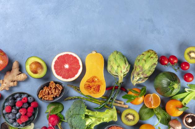 Vegan food. Healthy diet concept. Fruits, vegetables, nuts, mushrooms, shot from the top. A flat lay composition with a place for text Vegan food. Healthy diet concept. Fruits, vegetables, nuts, mushrooms, shot from the top. A flat lay composition with a place for text Copyright: xZoonar.com KaterinaxSolovyevax 14692885