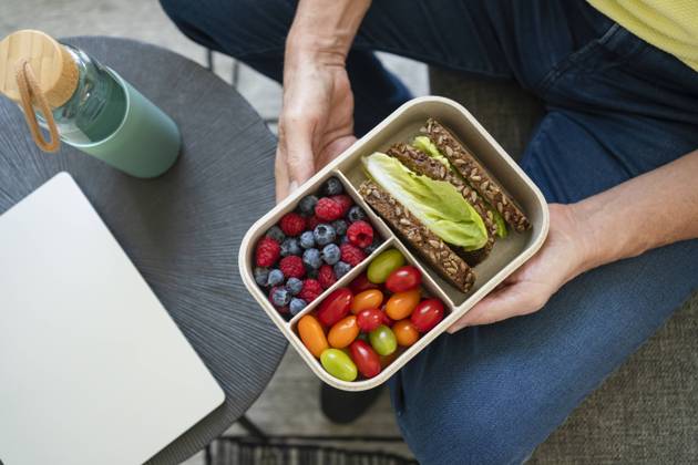 Hands of man holding lunch box with healthy food on sofa model released, Symbolfoto property released, SVKF01015