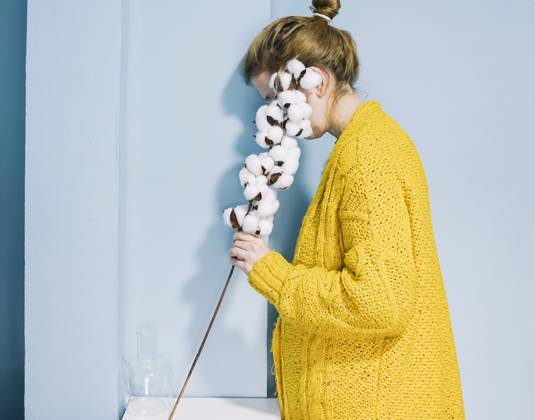 Woman covering face with cotton plant at home model released, Symbolfoto, SVCF00286