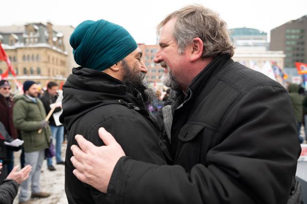 February 7, 2023, Ottawa, ON, Canada: NDP Leader Jagmeet Singh, left, shares a moment with National President of the Canadian Union of Public Employees (CUPE), Mark Hancock, during a rally to demand Canada s public health care system be protected and expanded, on Parliament Hill in Ottawa, Tuesday, Feb. 7, 2023. Ottawa Canada - ZUMAc35_ 20230207_zaf_c35_069 Copyright: xSpencerxColbyx