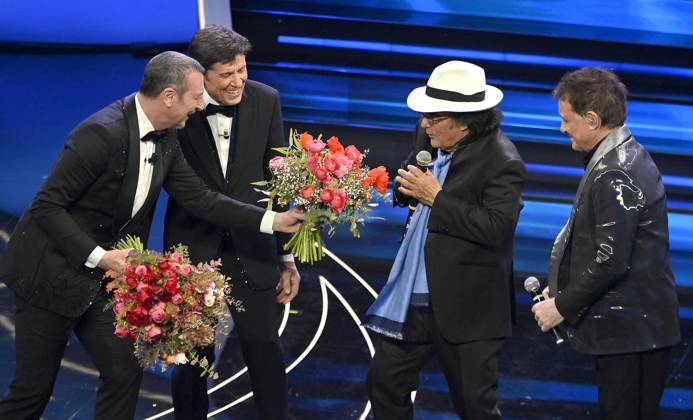 February 8, 2023, SANREMO, ITALY: (L-R) Sanremo Festival host and artistic director Amadeus, with Italian singers Gianni Morandi, Al Bano, and Massimo Ranieri on stage at the Ariston theatre during the 73rd Sanremo Italian Song Festival, in Sanremo, Italy, 08 February 2023. The music festival will run from 07 to 11 February 2023. ANSA RICCARDO ANTIMIANI SANREMO ITALY - ZUMAa110 20230208_zaf_a110_150 Copyright: xRiccardoxAntimianix