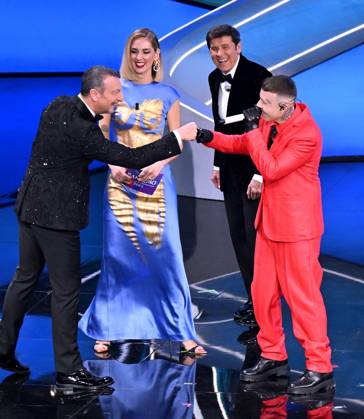 February 11, 2023, SANREMO, ITALIA: (L-R) Sanremo Festival host and artistic director Amadeus, Italian fashion blogger, businesswoman and model Chiara Ferragni, Italian singer and Sanremo Festival co-host Gianni Morandi and Italian singer Lazza on stage at the Ariston theatre during the 73rd Sanremo Italian Song Festival, in Sanremo, Italy, 11 February 2023. The music festival will run from 07 to 11 February 2023. ANSA ETTORE FERRARI. SANREMO ITALIA - ZUMAa110 20230211_zaf_a110_130 Copyright: xEttorexFerrarix