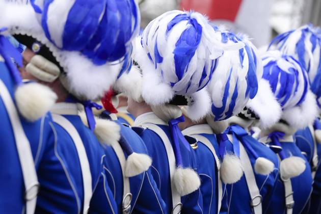Cologne Carnival, Traditional Funkenbiwak of the Red Sparks on the Neumarkt The tradition corps of the Blue Sparks is a traditional guest at the Funkenbiwak 2023 on the Neumarkt in Cologne North Rhine Westphalia Germany