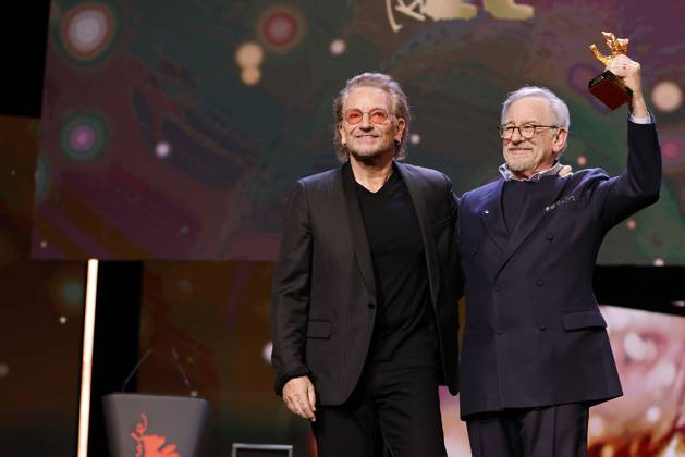 U2 singer Bono and award winner Steven Spielberg on stage at the Golden Honorary Baer Gala ceremony at the 73 Berlinale International Film Festival on 21 02 2023 in Berlin Berlinale 2023 Golden Honorary Baer Gala for Steven Spielberg
