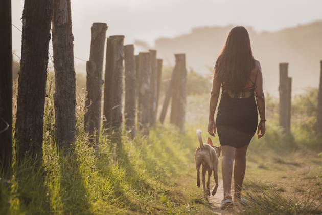 IMAGO Creative, Jahreszeit Sommer, Sommerferien Back view of unrecognizable female tourist with long dark hair in black dress walking on narrow path with dog during summer holidays in Asturias at sunset, Model released PabloMenendez_ID12520_379984_055 Copyright: xPabloxMenendezx MR