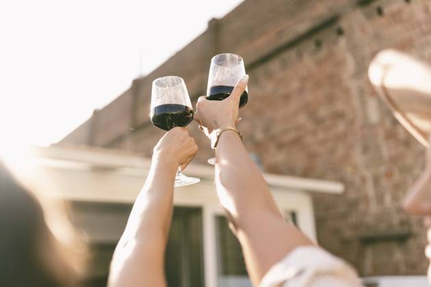 IMAGO Creative, Urban Lifestyle Friends cheering with wineglasses on sunny day model released, Symbolfoto property released, JJF00158
