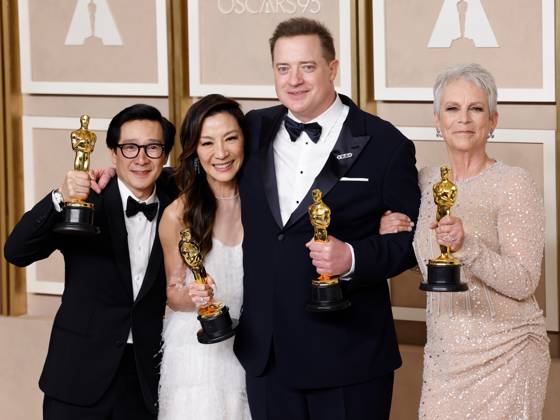 Brendan Fraser (second from R), winner of the award for Best Actor in a Leading Role for The Whale, and (L-R) Ke Huy Quan, winner of the award for Best Actor In A Supporting Role, Michelle Yeoh, winner of the award for Best Actress in a Leading Role and Jamie Lee Curtis, winner of the award for Best Supporting Actress for Everything Everywhere All at Once, appear backstage with their Oscars during the 95th annual Academy Awards at Loews Hollywood Hotel in the Hollywood section of Los Angeles on Sunday, March 12, 2023.  LAP20230312280 JOHNxANGELILLO