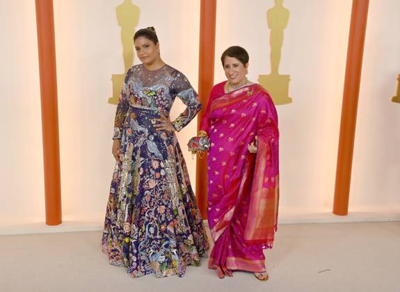 (L-R) Kartiki Gonsalves and Guneet Monga attend the 95th annual Academy Awards at the Dolby Theatre in the Hollywood section of Los Angeles on Sunday, March 12, 2023.  LAP2023031211296 JIMxRUYMEN