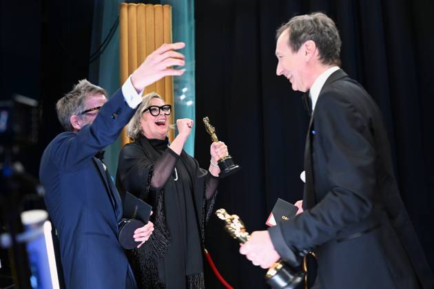Ernestine Hipper and Christian M. Goldbeck backstage with the OscarÂ® for Production Design greet Volker Bertelmann, winner of the OscarÂ® for Original Score during the live ABC telecast of the 95th OscarsÂ® at the DolbyÂ® Theatre at Ovation Hollywood on Sunday, March 12, 2023.  Copyright: xA.M.P.A.S.x 34494-538PLX