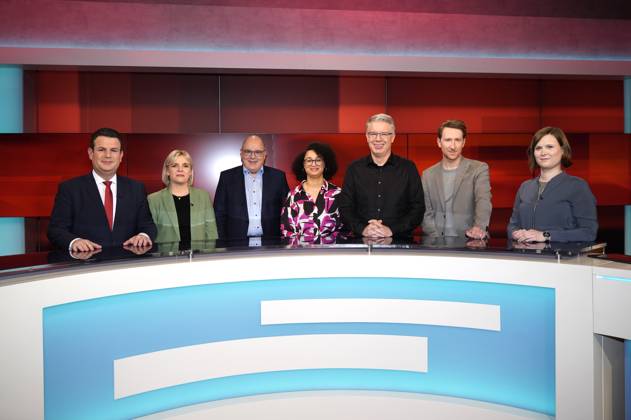 Hubertus Heil, Jessica Hansen, Steffen Kampeter, Sara Weber, Frank Thelen, Louis Klamroth and Karen Malsy on the ARD talk show hart aber fair in Studio Adlershof Berlin, 13 03 2023 Foto:xT.xBartillax xFuturexImage