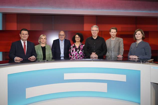 Hubertus Heil, Jessica Hansen, Steffen Kampeter, Sara Weber, Frank Thelen, Louis Klamroth and Karen Malsy on the ARD talk show hart aber fair in Studio Adlershof Berlin, 13 03 2023 Foto:xT.xBartillax xFuturexImage