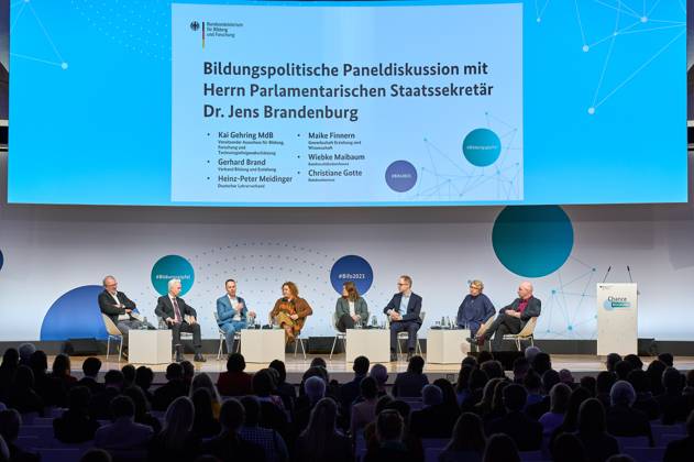 Education Summit 2023 in bbc Berlin Congress Center Germany, Berlin, 14 03 2023 Education policy panel discussion with Jens, Brandenburg, Kai Gehring, Gerhard Brand, Hans Peter Meidinger, Maile Finnern, Wiebke Maibaum and Christiane Gotte Education Summit with BM in Bettina Stark Watzinger Kick-off for the renewal of the education system Advancemen