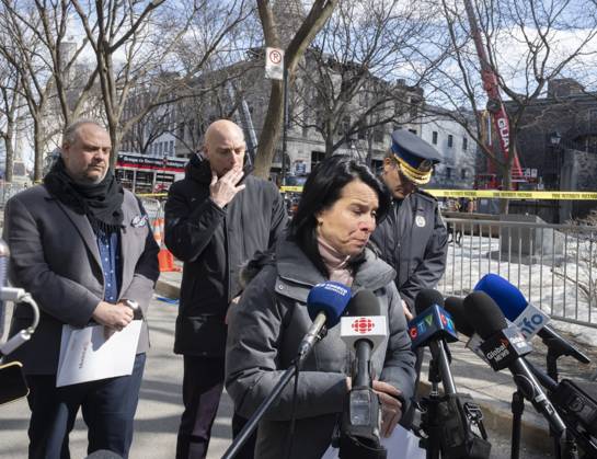 March 20, 2023, Montreal, PQ, Canada: Montreal Mayor Valerie Plante speaks to the media Monday, March 20, 2023 at the scene of last weeköÄÃ s fire that left one person dead and six people missing in Montreal. Montreal Canada  - ZUMAc35_ 20230320_zaf_c35_007 Copyright: xRyanxRemiorzx