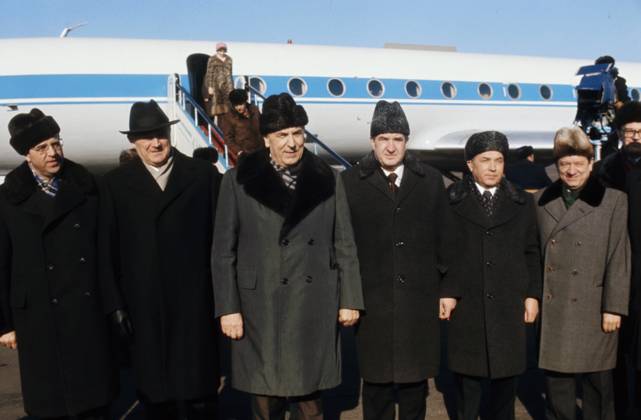 February, 1976. Moscow, USSR. Members of the Polish United Workers Party delegation headed by First Secretary of the Polish United Workers Party Edward Gierek (3rd L), who arrived to take part in the 25th Congress of the Communist Party of the Soviet Union, attend a welcome ceremony at the airport. The exact date of the photograph is unknown. Viktor Koshevoi TASS  19110091
