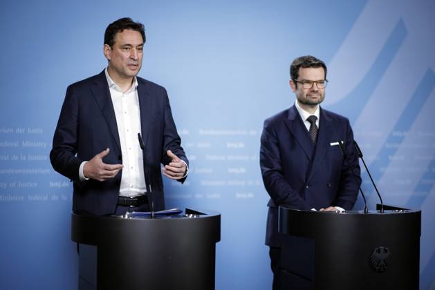 Marco Buschmann, Federal Minister of Justice, r Georg Eisenreich, Minister of Justice of Bavaria, l and Anna Gallina, Senator of Justice of Hamburg, not pictured here give a joint press statement after the Bund Laender Digital Summit at the Federal Ministry of Justice in Berlin, 30 03 2023 Berlin Germany. Copyright: xJaninexSchmitz photothek.dex