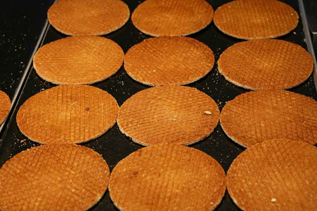  Dutch stroopwafel waffles cookies on baking pan, Close up many freshly baked traditional round shaped sweet Dutch stroopwafel (syrup waffles) cookies on baking pan, high angle view, Close up many freshly baked traditional round shaped sweet Dutch stroopwafel (syrup waffles) cookies on baking pan, high angle view, 24.03.2023, Copyright: xBreakingTheWallsx Panthermedia33968629.jpg