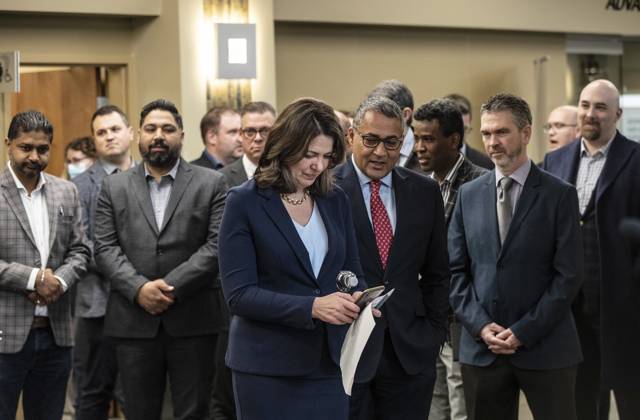 April 11, 2023, SHERWOOD PARK, AB, CANADA: Alberta Premier Danielle Smith prepares to announce a public health guarantee in Sherwood Park, Alta., Tuesday, April 11, 2023. SHERWOOD PARK CANADA  - ZUMAc35_ 20230411_zaf_c35_021 Copyright: xJasonxFransonx