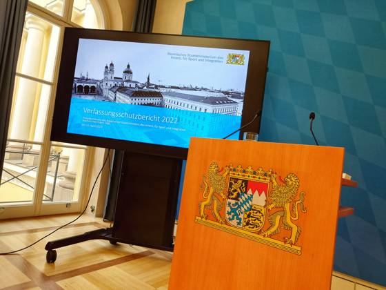 April 24, 2023, Munich, Bavaria, Germany: The Bavarian Verfassungsschutz (secret service, Office for the Protection of the Constitution) alongside the Bavarian Interior Minister released the half-year report detailing threats to the state, which continue to include elements that are exploiting the Corona pandemic, as well as emerging elements that are exploiting discontent revolving around the energy crisis that has resulted from RussiaÃ¢â‚¬â ¢s illegal invasion of Ukraine. Monitors of the anti-state elements are noting that the so-called Ã¢â‚¬oeQuerdenkerÃ¢â‚¬Â spectrum are now evolving their wedge topics away from Corona and vaccines and towards the energy crisis and what they see as non-favorable sanction politics against Russia. The - ZUMAb160 20230424_zbp_b160_003 Copyright: xSachellexBabbarx
