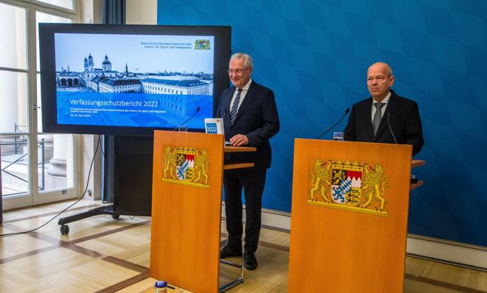 April 24, 2023, Munich, Bavaria, Germany: The Bavarian Verfassungsschutz (Secret Service, Office for the Protection of the Constitution) released the 2022 report detailing threats to the state of Bavaria and the country. Over the past years, conspiracy theorists, new age and wellness extremists, right-extremists, Reichsbuerger (sovereign citizens), and various enemies of democracy have taken a leading role against the German state and society, with such cases as Terror Gruppe S. and the alleged Reichsbuerger terrorist plot to topple the state underscoring that the threats are not giving up. Other threats to the state include those that may be directed by Russian intelligence as part of their Hybrid Warfare campaign against the west. Muni - ZUMAb160 20230424_zbp_b160_004 Copyright: xSachellexBabbarx