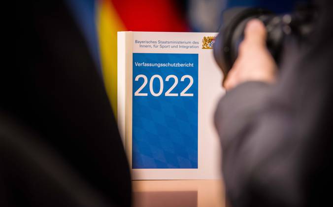April 24, 2023, Munich, Bavaria, Germany: The Bavarian Verfassungsschutz (Secret Service, Office for the Protection of the Constitution) released the 2022 report detailing threats to the state of Bavaria and the country. Over the past years, conspiracy theorists, new age and wellness extremists, right-extremists, Reichsbuerger (sovereign citizens), and various enemies of democracy have taken a leading role against the German state and society, with such cases as Terror Gruppe S. and the alleged Reichsbuerger terrorist plot to topple the state underscoring that the threats are not giving up. Other threats to the state include those that may be directed by Russian intelligence as part of their Hybrid Warfare campaign against the west. Muni - ZUMAb160 20230424_zbp_b160_015 Copyright: xSachellexBabbarx