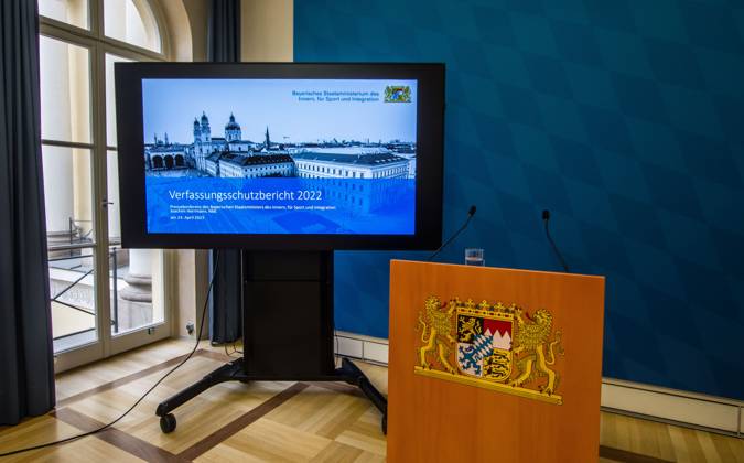 April 24, 2023, Munich, Bavaria, Germany: The Bavarian Verfassungsschutz (Secret Service, Office for the Protection of the Constitution) released the 2022 report detailing threats to the state of Bavaria and the country. Over the past years, conspiracy theorists, new age and wellness extremists, right-extremists, Reichsbuerger (sovereign citizens), and various enemies of democracy have taken a leading role against the German state and society, with such cases as Terror Gruppe S. and the alleged Reichsbuerger terrorist plot to topple the state underscoring that the threats are not giving up. Other threats to the state include those that may be directed by Russian intelligence as part of their Hybrid Warfare campaign against the west. Muni - ZUMAb160 20230424_zbp_b160_052 Copyright: xSachellexBabbarx