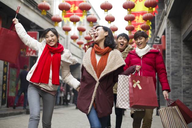 Happy young Chinese friends shopping for Chinese New Year Beijing China Copyright: xLianxFeix bji05210161