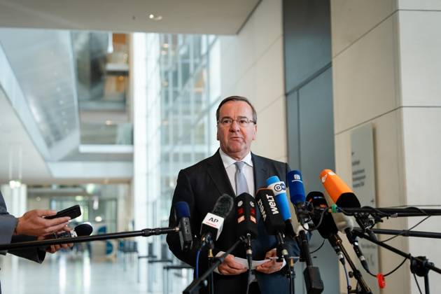 Press statement by Defense Minister Boris Pistorius on the subject of acceleration in the procurement process Current, 26 04 2023, Berlin, Defense Minister Boris Pistorius at the press statement on the subject of acceleration in the procurement process in the West lobby of the German Bundestag Berlin Berlin Germany