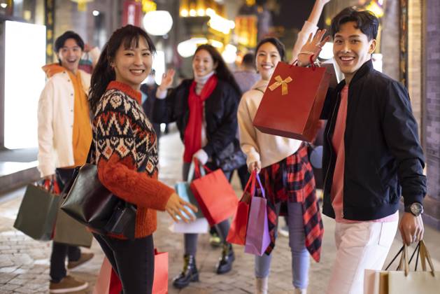 Happy young Chinese friends shopping for Chinese New Year Beijing China Copyright: xLanexOateyx bji06860076