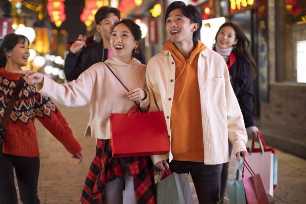 Happy young Chinese friends shopping for Chinese New Year Beijing China Copyright: xLanexOateyx bji06860082