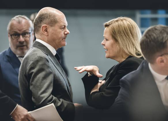 Chancellor Olaf Scholz SPD talks with Nancy Faeser SPD , Federal Minister of the Interior and Home Affairs, on the sidelines of the Chancellors consultations with the heads of government of the states 10 05 2023, Berlin Berlin Germany Copyright: xXanderxHeinl photothek.dex