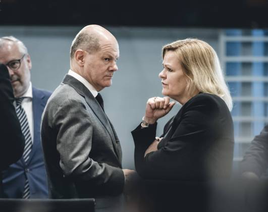 Chancellor Olaf Scholz SPD talks with Nancy Faeser SPD , Federal Minister of the Interior and Home Affairs, on the sidelines of the Chancellors consultations with the heads of government of the states 10 05 2023, Berlin Berlin Germany Copyright: xXanderxHeinl photothek.dex
