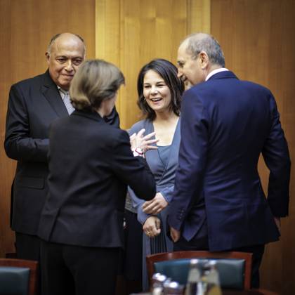 Situation in the Middle East conflict Annalena Baerbock, German Foreign Minister, invites to cloverleaf meeting in Berlin Here in the picture L R Samih Schukri, Foreign Minister of Egypt, Catherine Colonna, Foreign Minister of France, Annalena Baerbock, German Foreign Minister, and Ayman Safadi , Foreign Minister of Jordan Berlin, 11 05 2023 Berlin Germany Copyright: xJaninexSchmitz photothek.dex