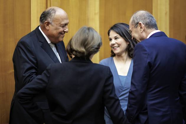 Situation in the Middle East conflict Annalena Baerbock, German Foreign Minister, invites to cloverleaf meeting in Berlin Here in the picture L R Samih Schukri, Foreign Minister of Egypt, Catherine Colonna, Foreign Minister of France, Annalena Baerbock, German Foreign Minister, and Ayman Safadi , Foreign Minister of Jordan Berlin, 11 05 2023 Berlin Germany Copyright: xJaninexSchmitz photothek.dex