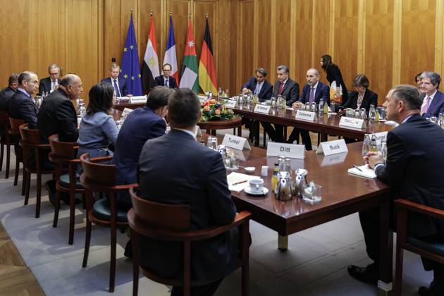 Situation in the Middle East Conflict Annalena Baerbock, German Foreign Minister, invites to cloverleaf meeting in Berlin Here in joint discussion Sameh Shoukry, Foreign Minister of Egypt, Annalena Baerbock, German Foreign Minister, Ayman Safadi, Foreign Minister of Jordan, and Catherine Colonna, Foreign Minister of France Berlin, 11 05 2023 Berlin Germany Copyright: xJaninexSchmitz photothek.dex