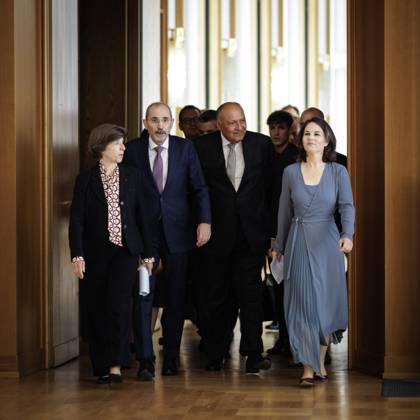 Situation in the Middle East Conflict Annalena Baerbock, German Foreign Minister, Invites to Cloverleaf Meeting in Berlin Pictured here on the way to a press conference after the joint talks L R Catherine Colonna, Foreign Minister of France, Ayman Safadi , Foreign Minister of Jordan, Sameh Shoukry, Foreign Ministe Copyright: xJaninexSchmitz photothek.dex