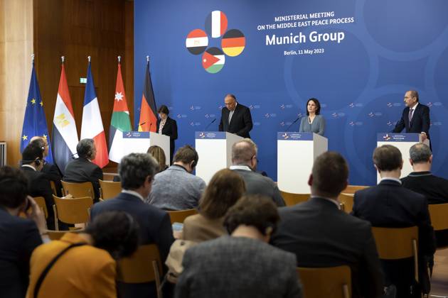 Annalena Baerbock, German Foreign Minister, invites to cloverleaf meeting in Berlin Here taken at a press conference after the joint discussion L R Catherine Colonna, Foreign Minister of France, Sameh Shoukry, Foreign Minister of Egypt, Annalena Baerbock, German Foreign Minister, and Ayman Safadi , Foreign Minister of Jordan Berlin, 11 05 2023 Ber Copyright: xJaninexSchmitz photothek.dex
