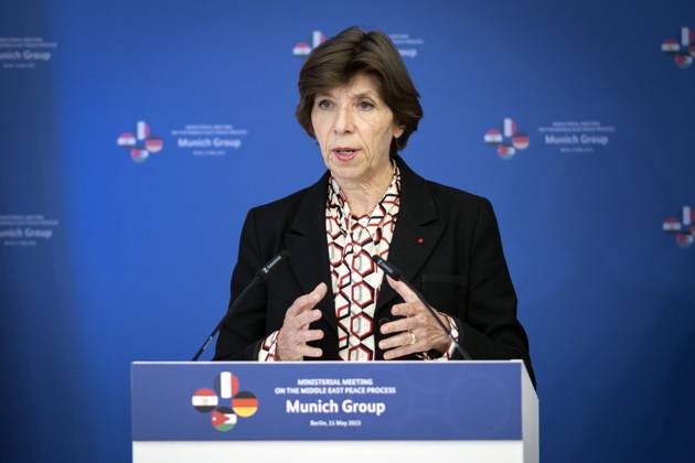 Annalena Baerbock, German Foreign Minister, invites to cloverleaf meeting in Berlin Pictured here is Catherine Colonna, Foreign Minister of France, at a press conference after the joint talks Berlin, 11 05 2023 Berlin Germany Copyright: xJaninexSchmitz photothek.dex