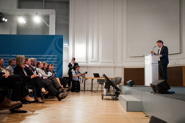 Kick-off event for the National Platform Future of Tourism at the Federal Ministry of Economics and Climate Protection Current, 11 05 2023, Berlin, Dr Robert Habeck Federal Minister for Economics and Climate Protection during his greetings at the kick-off event for the National Platform Future of Tourism at the Federal Ministry of Economics