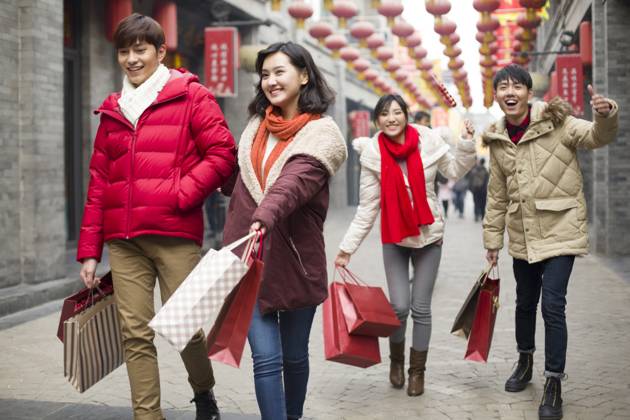 Happy young Chinese friends shopping for Chinese New Year Beijing China Copyright: xLianxFeix bji05210156