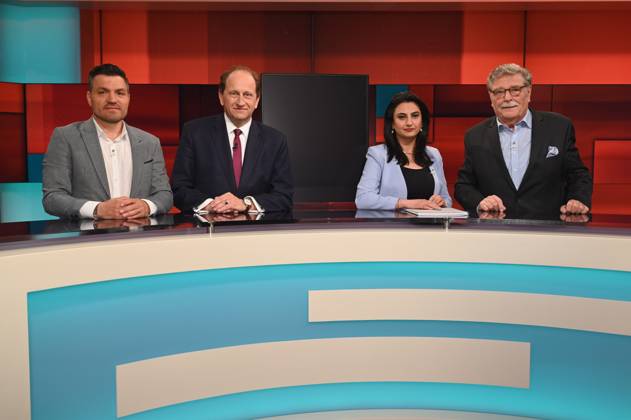 Ufuk Varol, l r, Alexander Graf Lambsdorff, Nalan Sipar, Fritz Schramma as guests on the ARD talk show Hart aber Fair with the topic Noch kein Sieg Wackelt der ewige Erdogan (Still no victory)